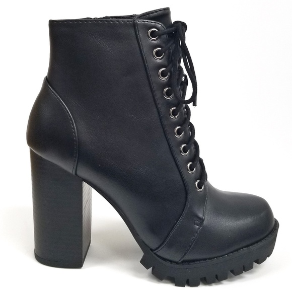 New Black Lace Lug Chunky Heel Combat Boot Booties - Picture 1 of 5